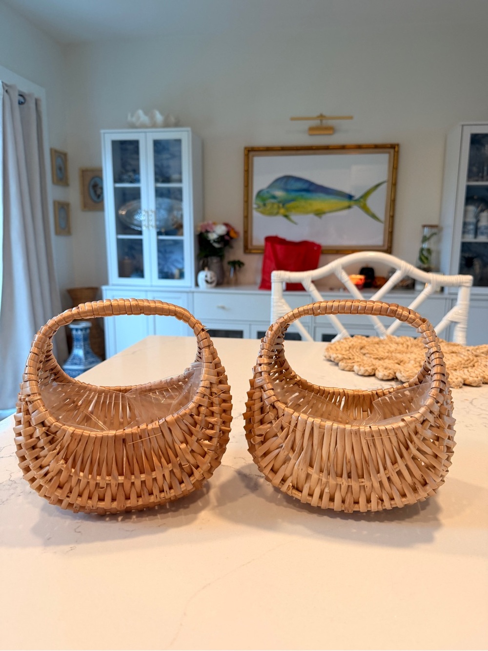 Two Small Handwoven Natural Rattan Baskets with Handles
